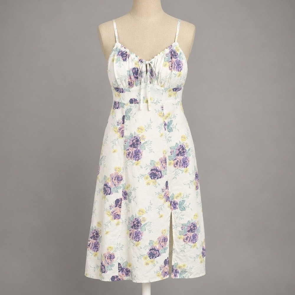 Y2K Floral Milkmaid Linen Babydoll Dress Size XS Cottagecore Romantic Strappy